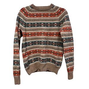 J.Crew Crewneck Sweater 100% Lambswool Fair Isle Tan Blue Women's Small Preppy